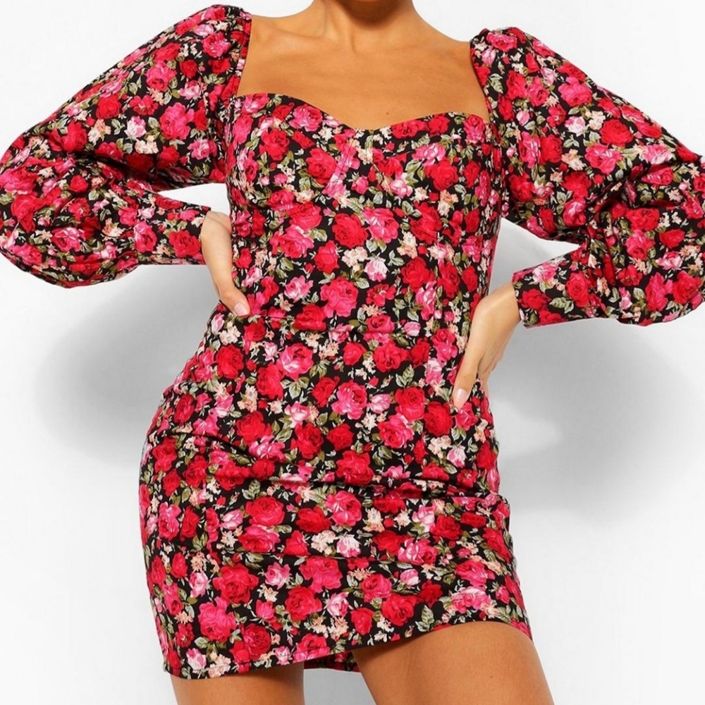 Boohoo Petite Corset Style Puff Sleeve Mini Dress Size 2 - Picture 1 of 11